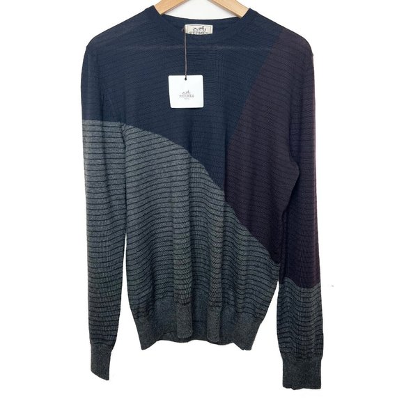 New Hermes 100% Cashmere Mens Crewneck Colorblock Sweater - Picture 13 of 16
